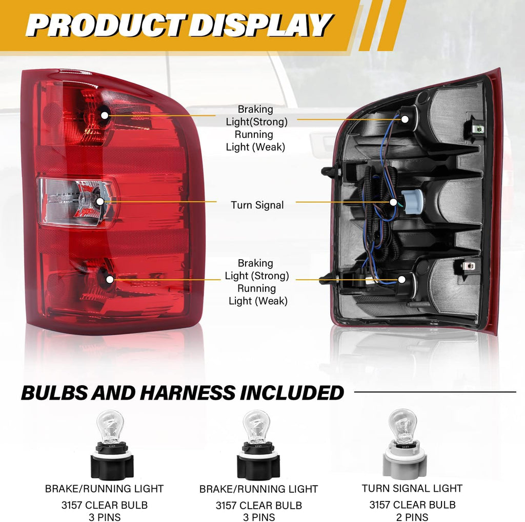 Tail Light Assembly Compatible with Chevy Silverado 07-13 1500 | 07-14 2500 HD 3500 HD, OE-Style Replaces 25958483 GM2801207, w/Bulbs and Harness, Right Passenger Side, Red Border