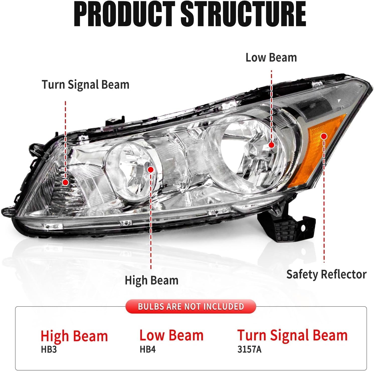 AS Headlight Assembly for 2008 2009 2010 2011 2012 Accord 4dr Sedan Headlamps with Black Housing Clear Reflector Clear Lens Driver and Passenger Side