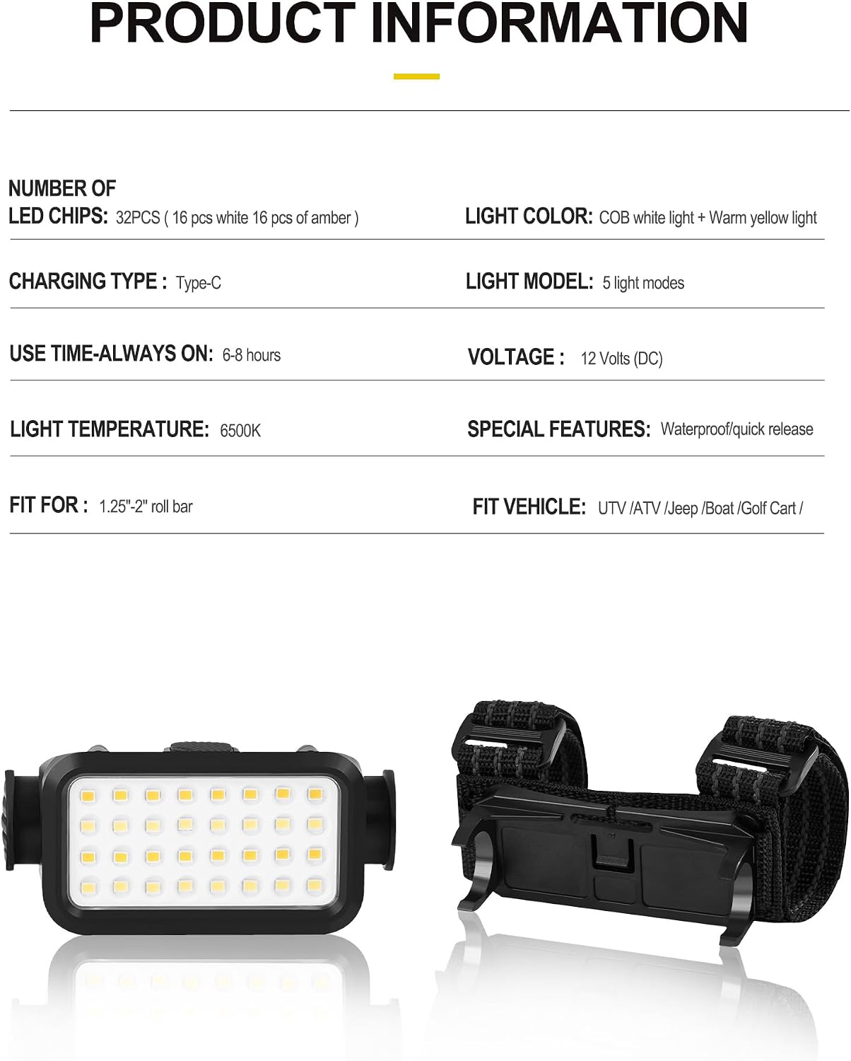 ZIDIYIRUO UTV Dome Lights, 32pcs LED Chips Type-C Rechargeable UTV Interior Light Compatible with Polaris RZR Ranger Can-Am Maverick Honda Talon 1.25"-2.0" Roll Bar Cage Roof Lights (2 Packs)