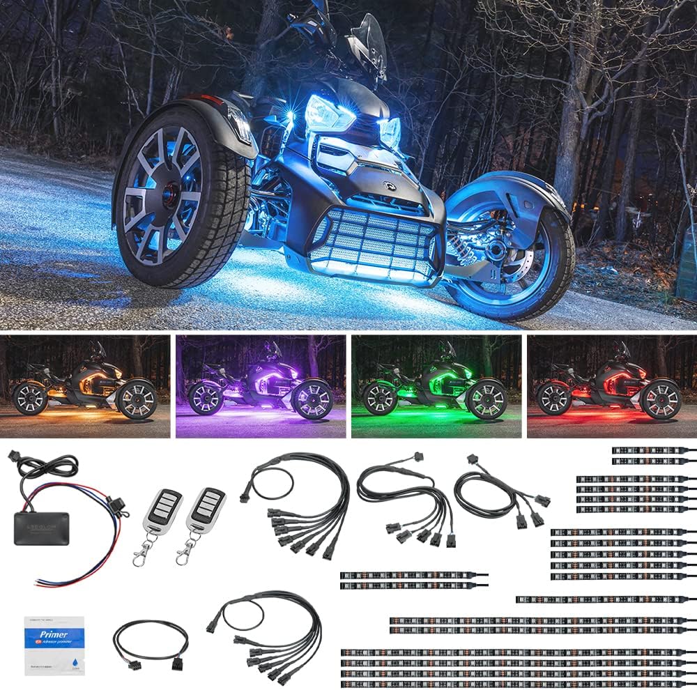 LEDGlow 20pc Advanced Million Color LED Neon Underglow Lighting Kit Fits Can-Am Ryker Motorcycles - Automatic Brake Lights Feature - Waterproof Control Box w/Remotes - Multi-Color Flexible Strips