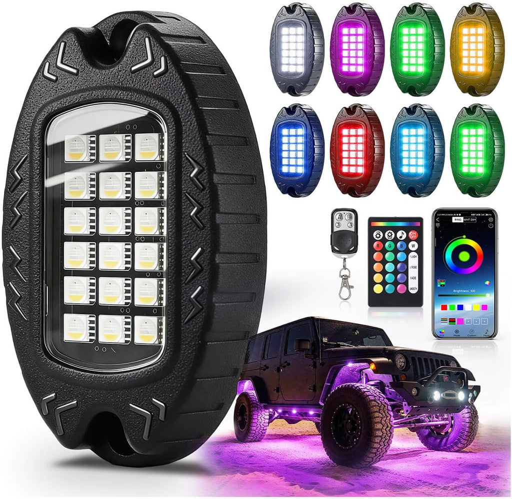 8Pods Heavy Duty Aluminum RGBW LED Rock Lights Kit for Jeep Trucks UTV ATV Golf Cart RZR SXS 4Wheeler Off-Road Vehicles, APP & RF Remote, Plug & Play Pre-Wired, Waterproof 12V Underglow Accent Light