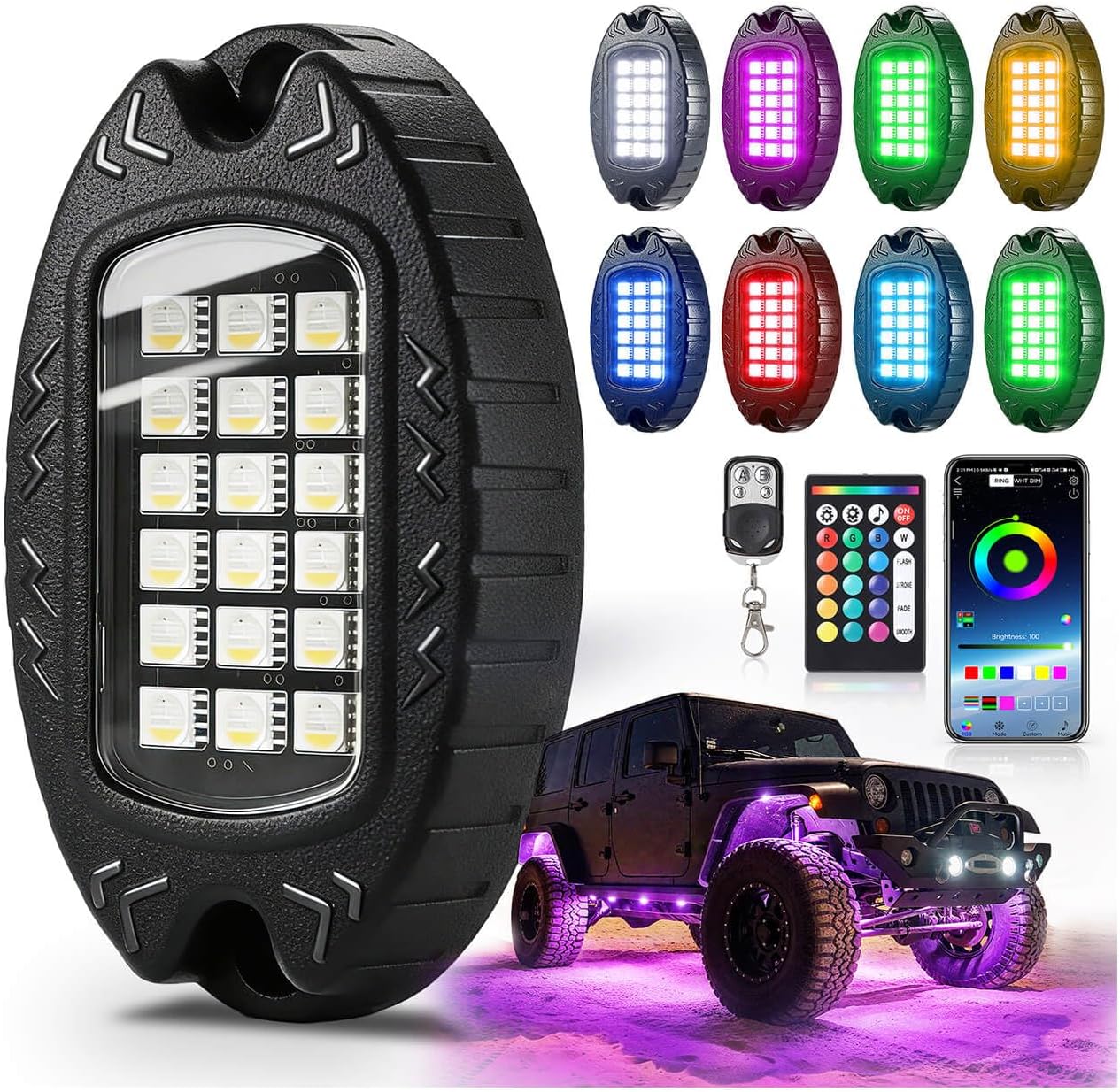 8Pods Heavy Duty Aluminum RGBW LED Rock Lights Kit for Jeep Trucks UTV ATV Golf Cart RZR SXS 4Wheeler Off-Road Vehicles, APP & RF Remote, Plug & Play Pre-Wired, Waterproof 12V Underglow Accent Light