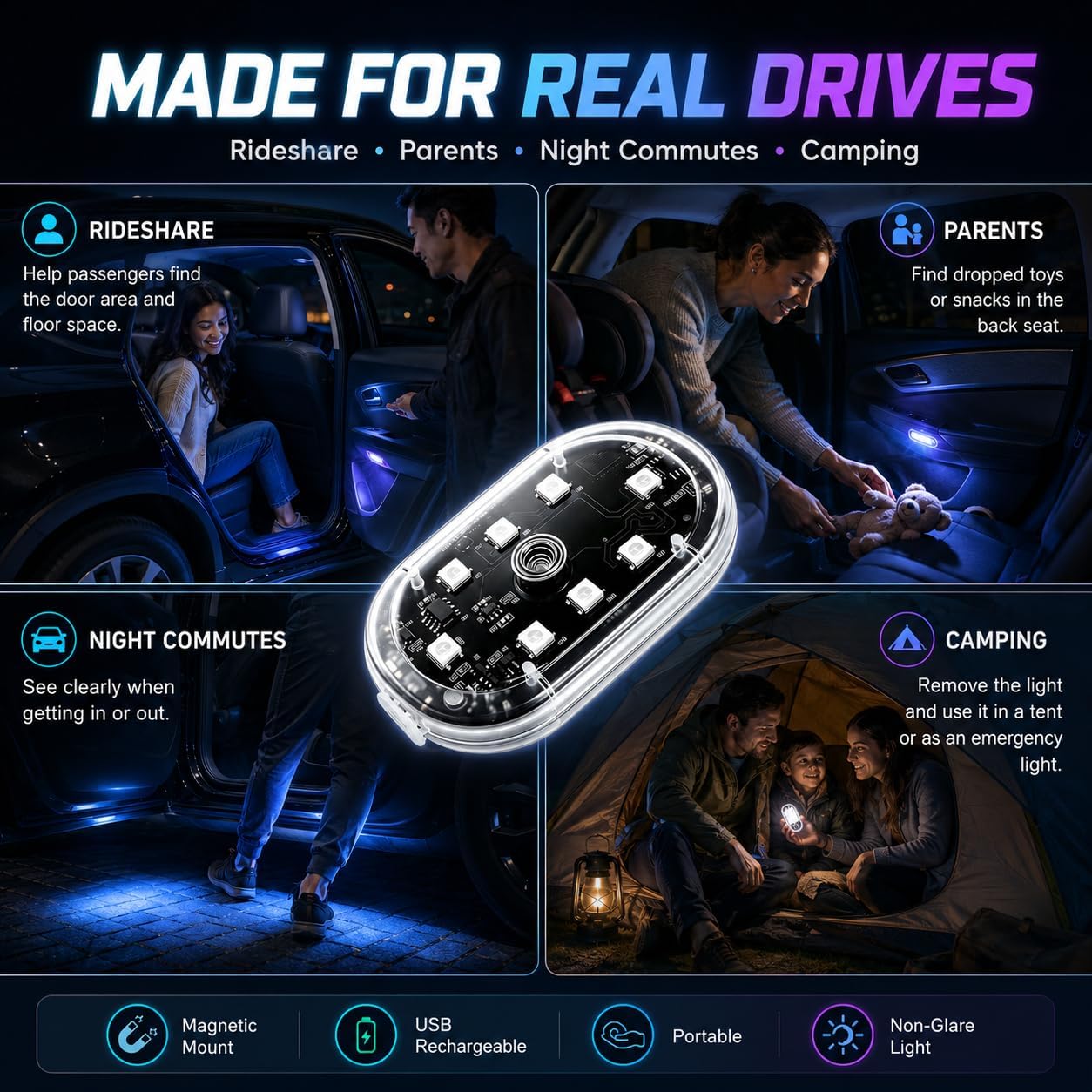 4Pcs Magnetic LED Interior Car Lights – 8 Colors RGB Wireless Ambient Lighting with Remote & Touch Control, USB Rechargeable Portable Strobe Nightlight for Footwell Door Dash Glove Box – Car Truck SUV