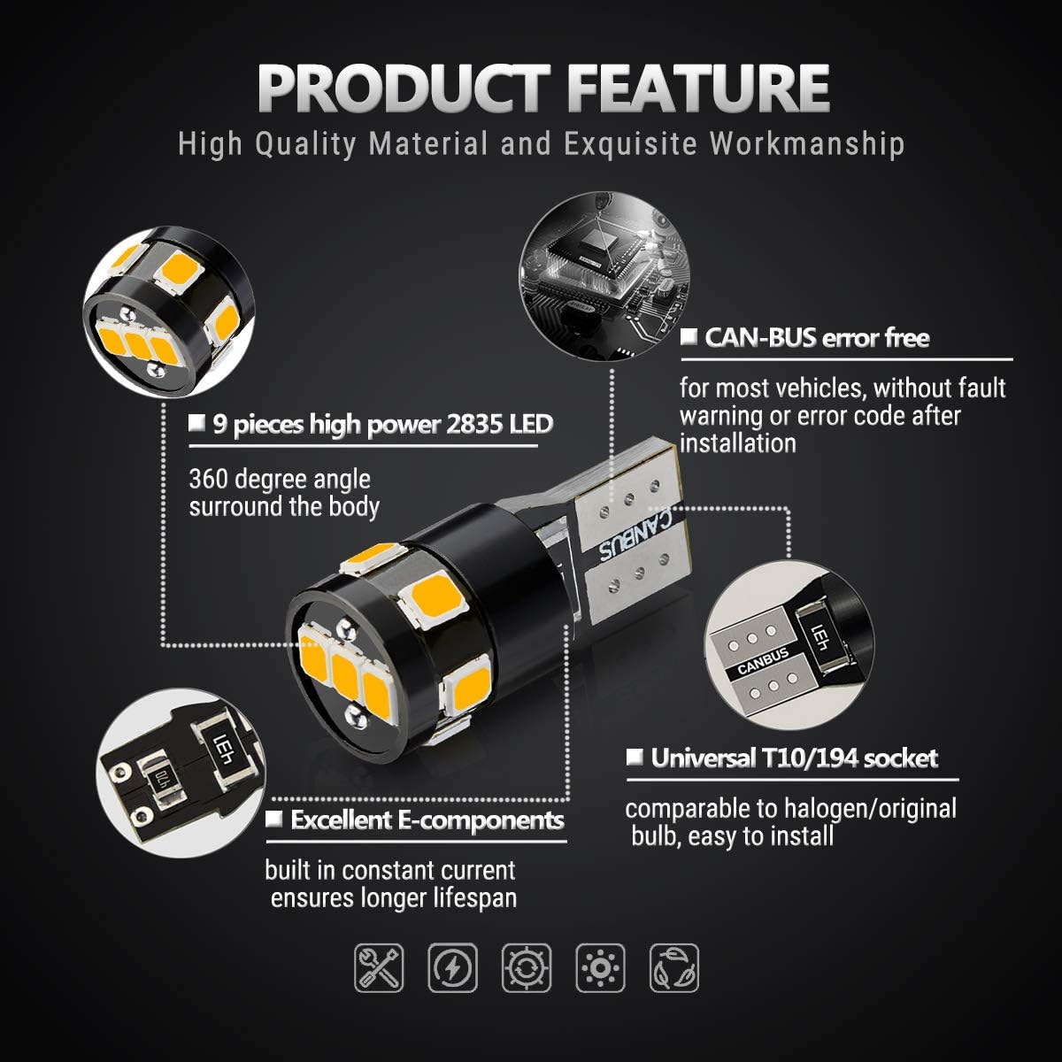 Antline 194 168 2825 W5W T10 194NA LED Bulbs Amber Yellow, Ultra Bright Error Free 9-SMD 2835 Chipsets Replacement for Car Interior Dome Map Door Courtesy License Plate Lights (Pack of 10)