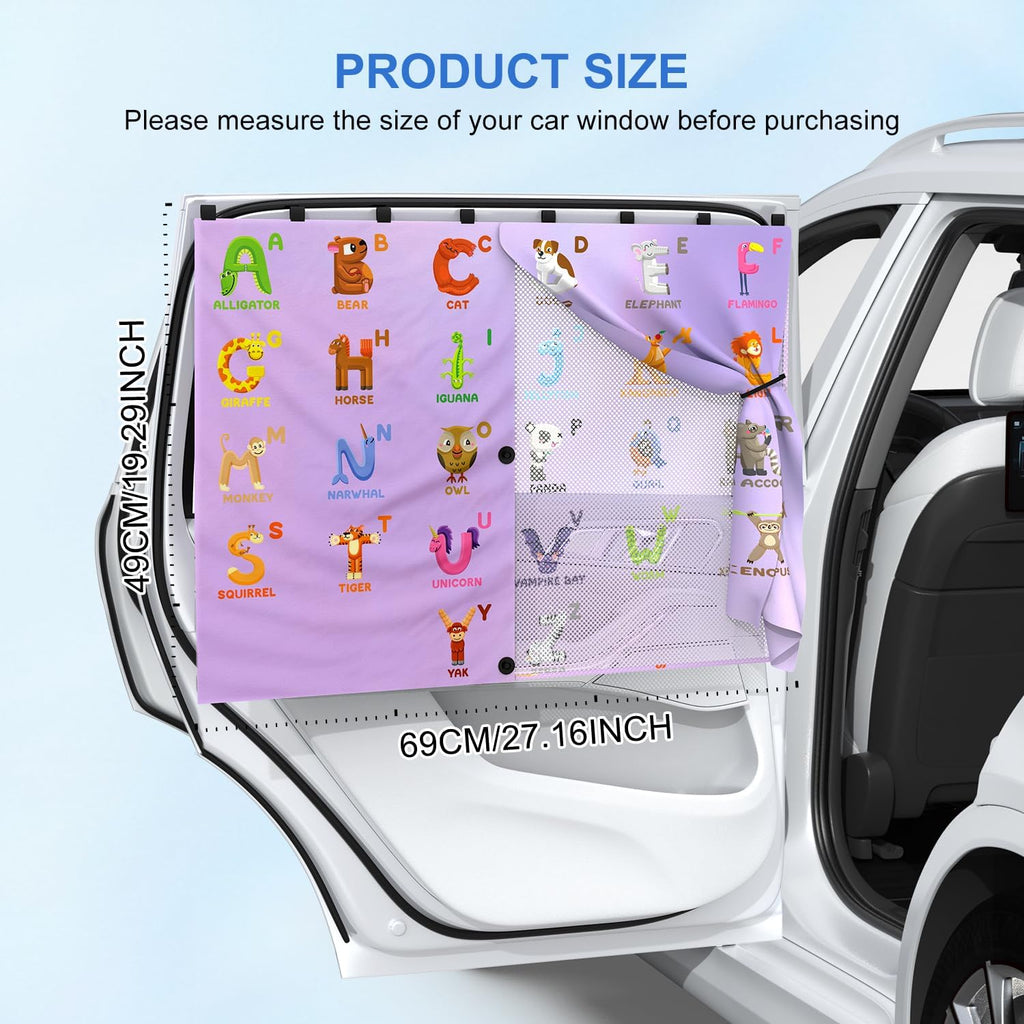 Car Window Shades, [Upgraded] 8 Strong Magnets Magnetic Side Window Sun Shade [2 Pack] - Dual Layer UV Ray Protection Car Sunshade for Baby, Kids & Pets.Animal Alphabet Pattern