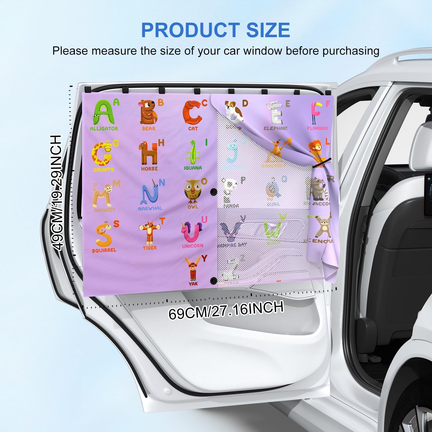 Car Window Shades, [Upgraded] 8 Strong Magnets Magnetic Side Window Sun Shade [2 Pack] - Dual Layer UV Ray Protection Car Sunshade for Baby, Kids & Pets.Animal Alphabet Pattern