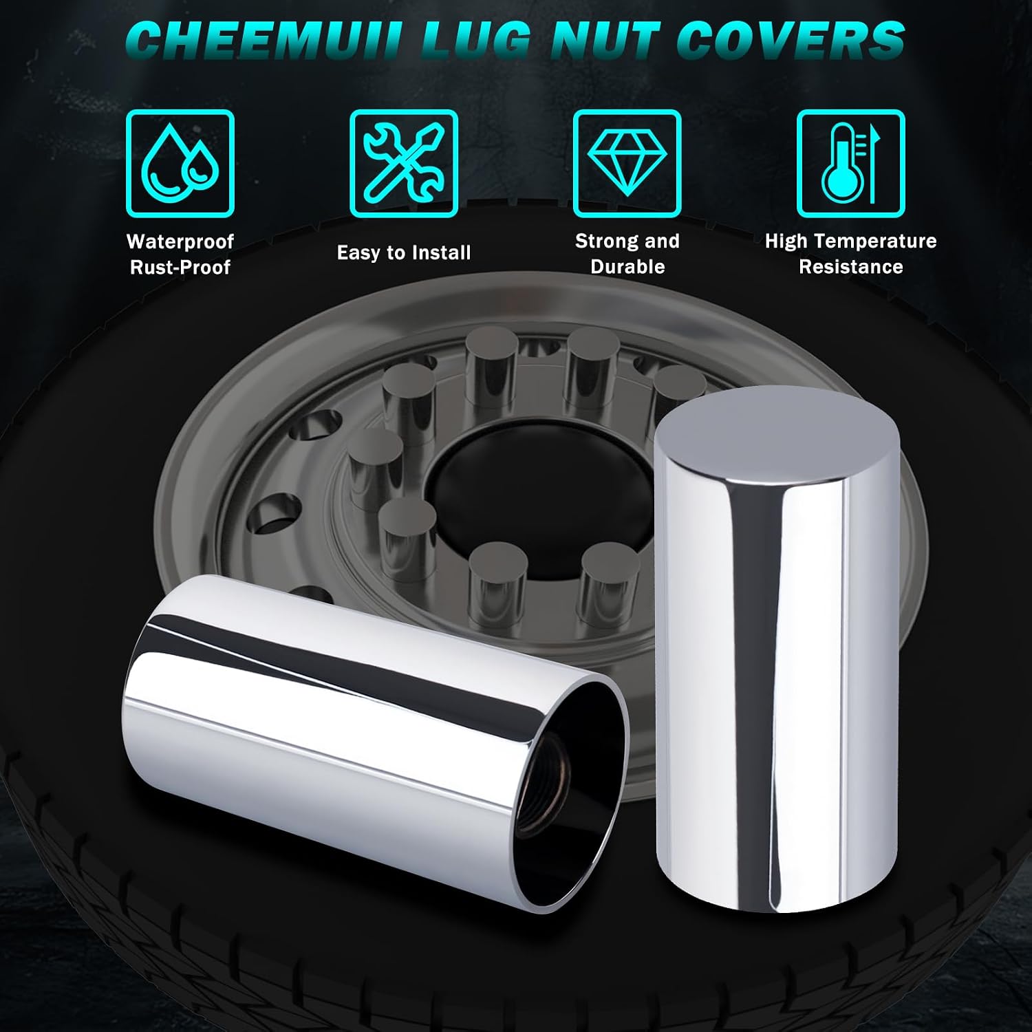 CheeMuii 60 Pcs 33mm Lug Nut Covers Kit Premium ABS Chrome Screw-on Nut Cover Caps Standard Flanged Column Lug Nut Covers for Semi Truck Trailer
