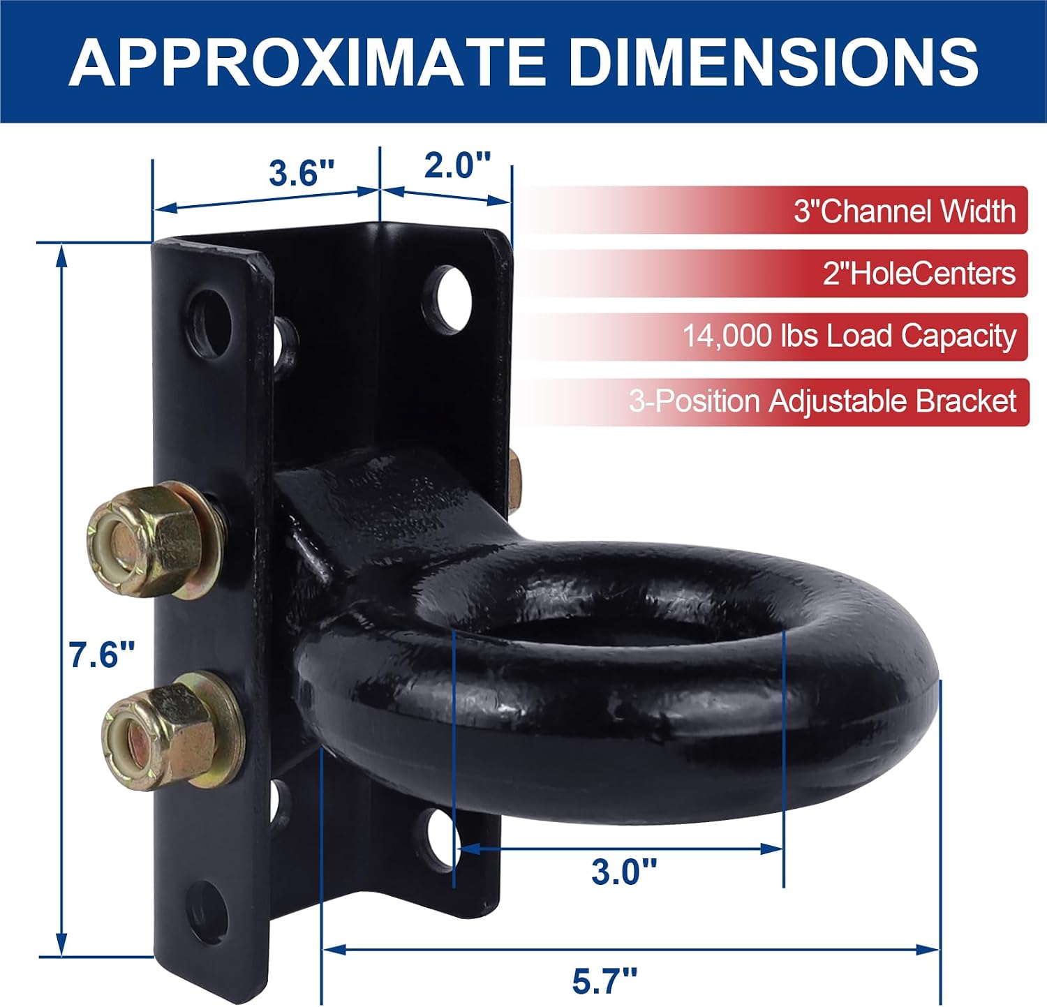 3 Inch Adjustable Lunette Ring for 14000 lbs Pintle Hitch Trailer Towing | Forged steel tri-level channel mount coupler eye; replaces flatbed utility parts; fits agricultural construction hauling