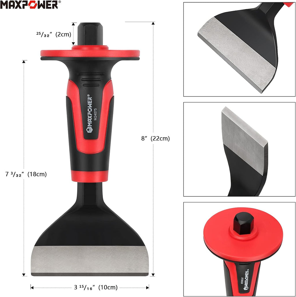 maxpower masonry chisels, 11" point chisel, flat chisels, close-up detail