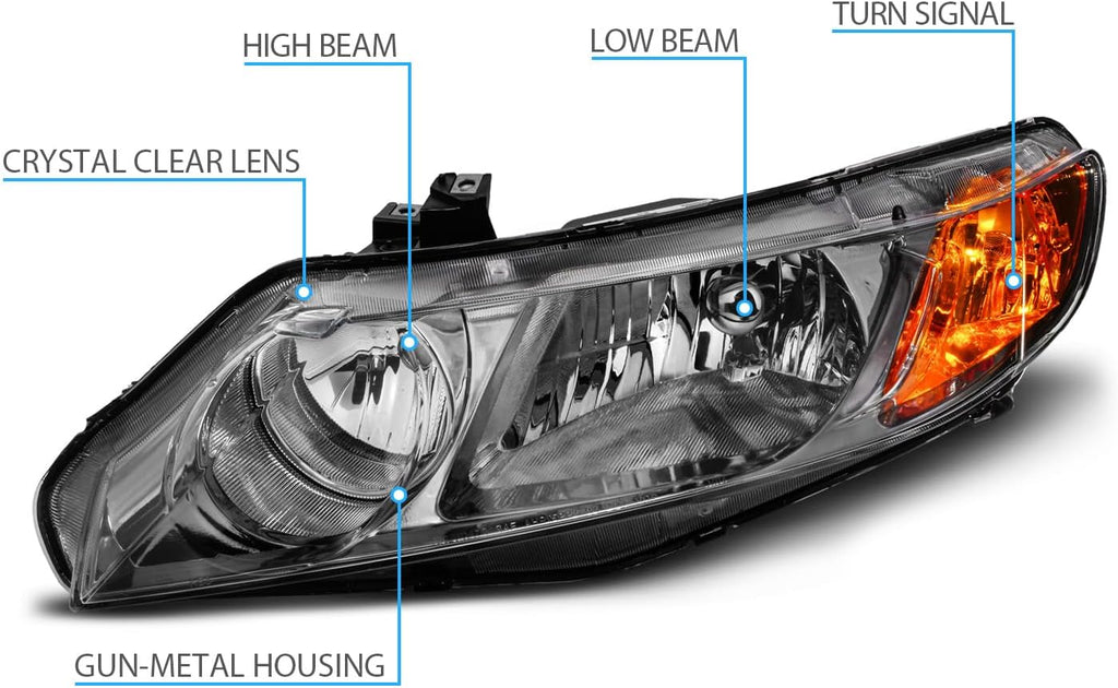 AmeriLite for 2006-2011 Honda Civic 4Dr Sedan/Hybrid Black Chrome Replacement Headlights Set w/Bulbs - Passenger and Driver Side