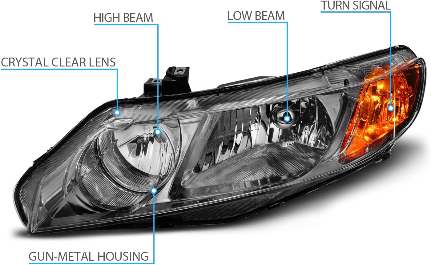 AmeriLite for 2006-2011 Honda Civic 4Dr Sedan/Hybrid Black Chrome Replacement Headlights Set w/Bulbs - Passenger and Driver Side