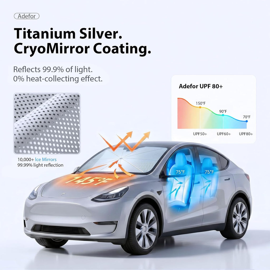 2026 Upgraded Windshield Sun Shade Umbrella for Tesla Model Y [Precision Custom Fit, Superior UV & Heat Block] Cooling Tech Fabric, Durable Foldable with Storage Bag, Fits 2020-2026 Juniper