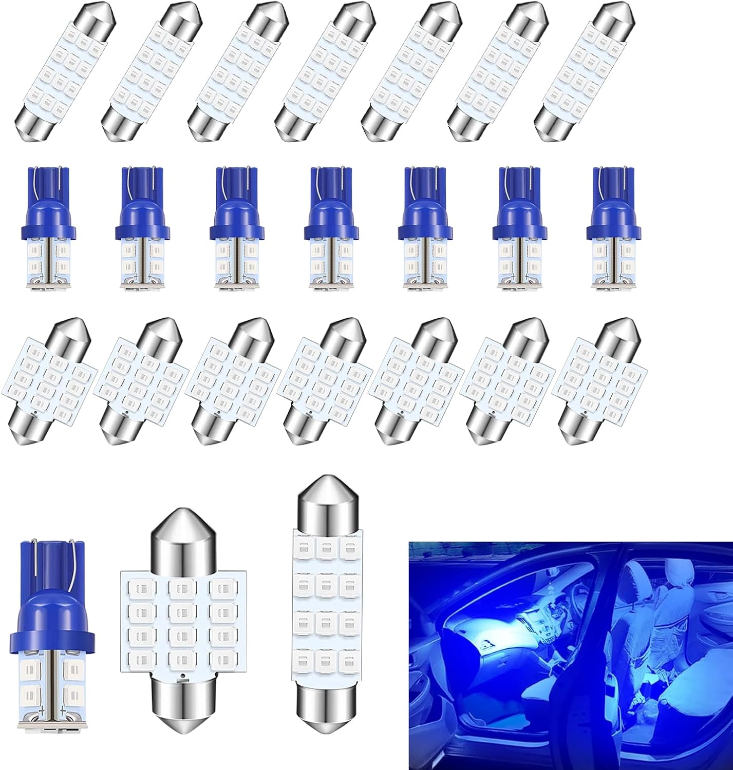 24PCS Car Interior LED Lights Kit Set, T10 31mm 42mm LED Interior Replacement Bulbs, Blue Interior Cars Light, for Dome Map License Plate Bulbs Door Side Marker Cornering (Blue)
