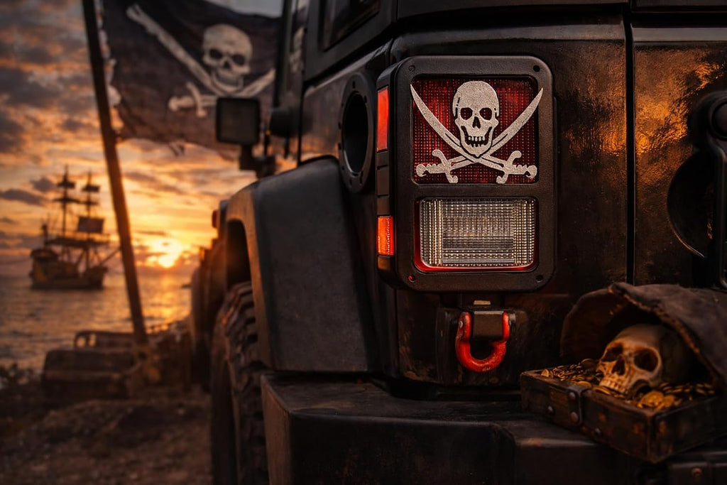 J Pirates Skull Skeleton in 3D - Black w Grey For Jeep Wrangler JK/JKU Rear Tail Light Covers (07-18) - Skull Skeletons Skulls w Swords
