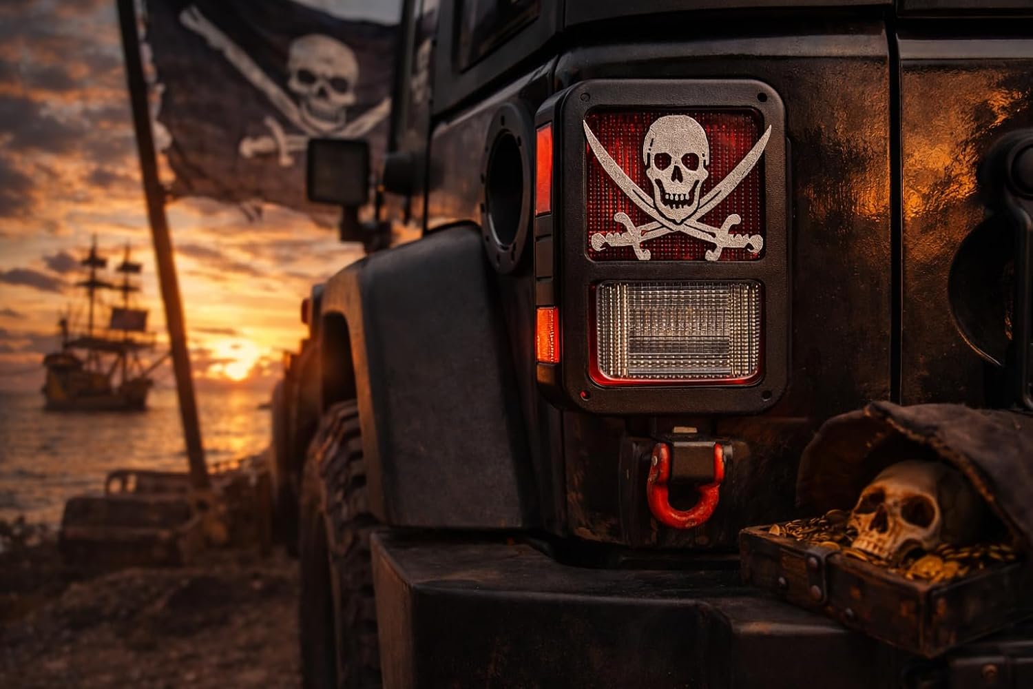 J Pirates Skull Skeleton in 3D - Black w Grey For Jeep Wrangler JK/JKU Rear Tail Light Covers (07-18) - Skull Skeletons Skulls w Swords