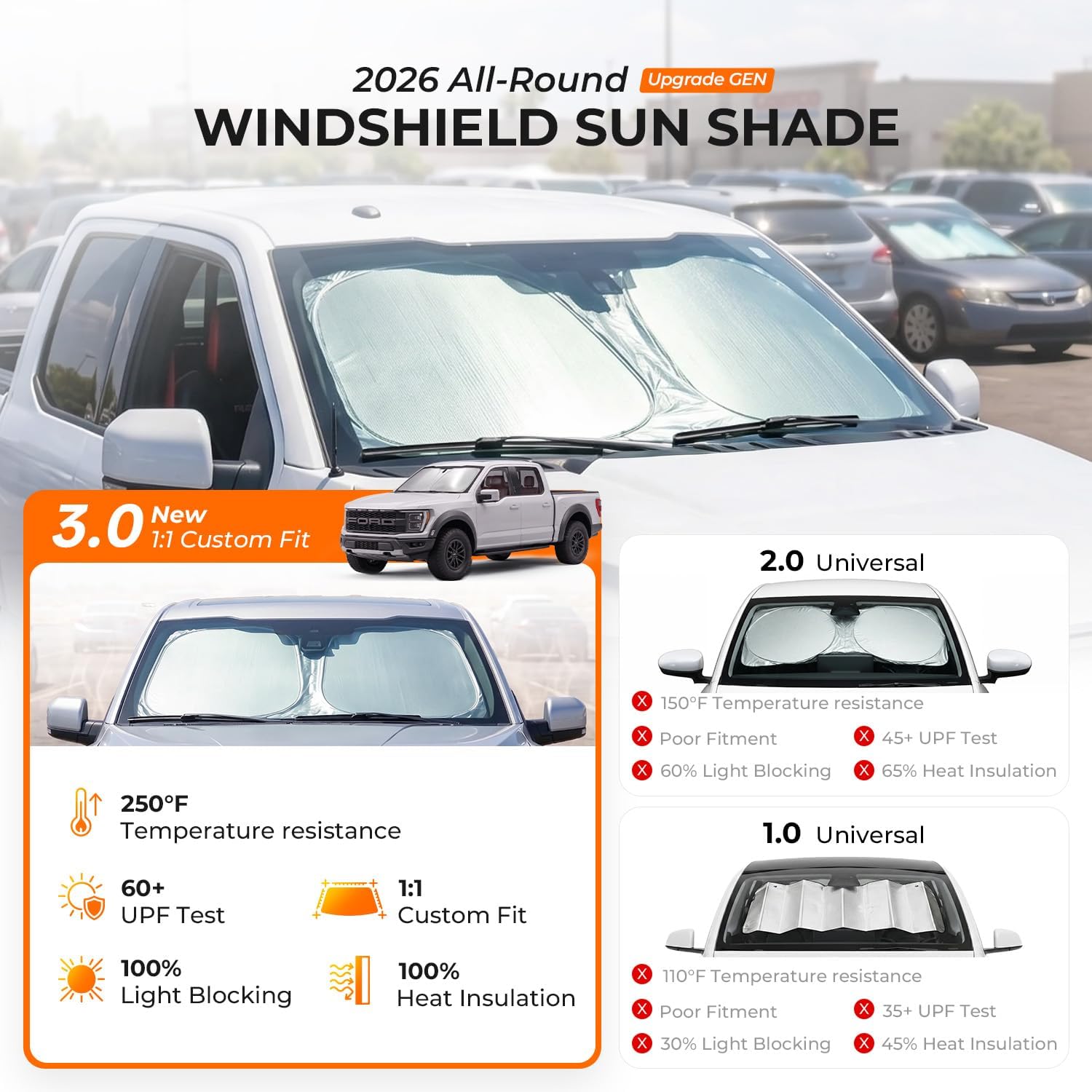 [2026 Upgraded] DooGooCoo Windshield Sun Shade for GMC Sierra 1500 2500 3500 2014-2025 2026 [Cooling Ice-Crystal, 100% Sun Block] Sunshade for Car Windshield for Truck Sierra, Custom for Sierra Front.