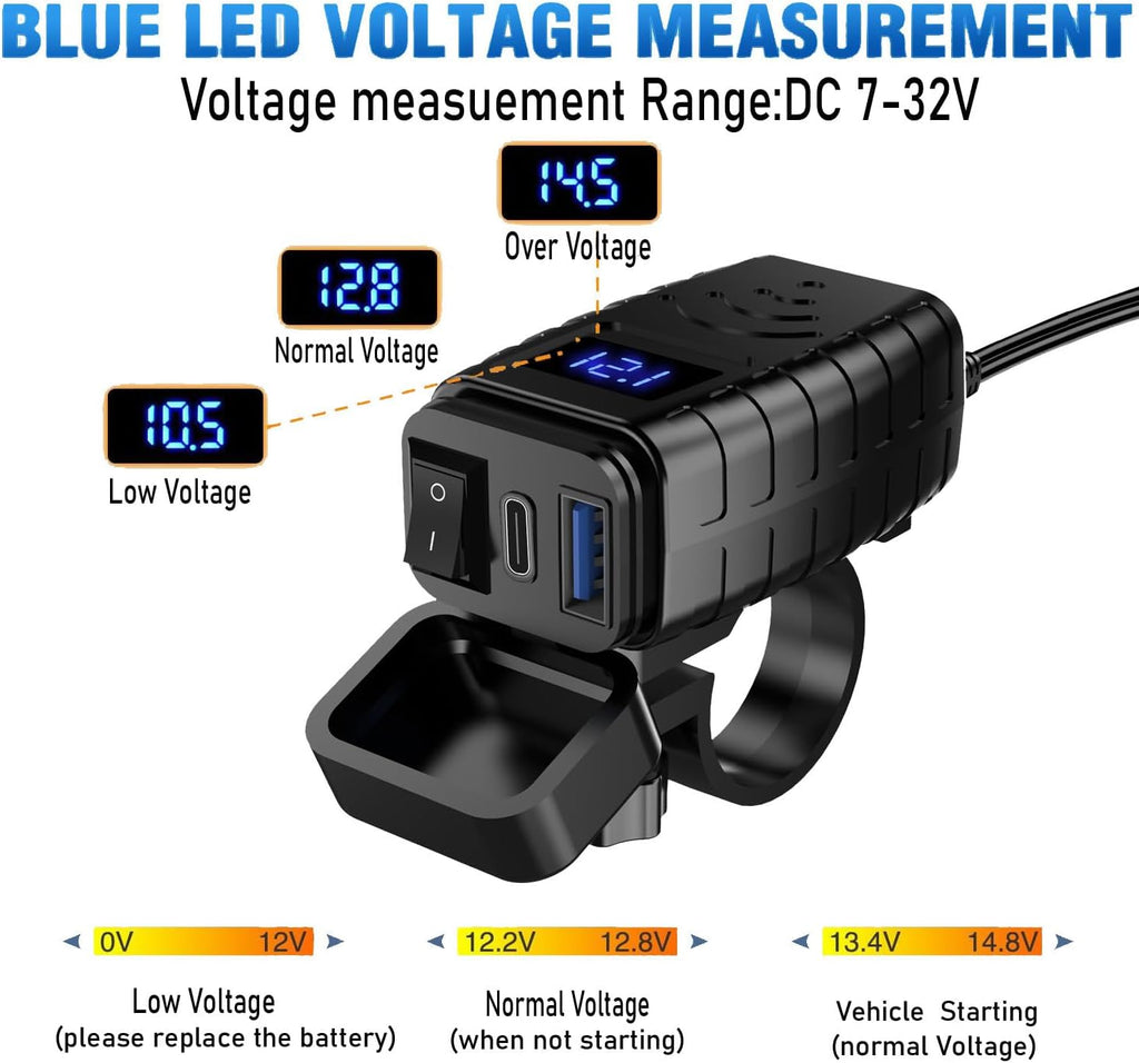 Motorcycle Phone Charger,Dual USB Type C PD & Quick Charge 3.0 Motorcycle USB Charger with Voltmeter & ON/Off Switch, Waterproof Motorcycle Accessories for Phone, Tablet, GPS, etc