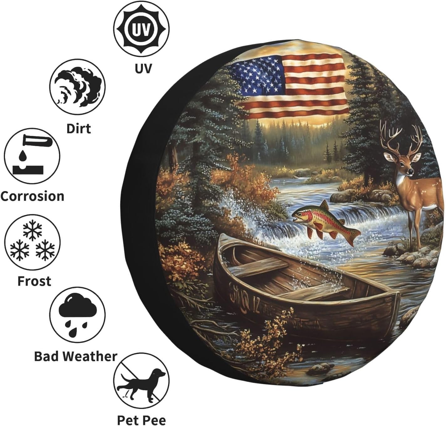 Spare Tire Cover for RV Camper, American Flag Forest Fish Deer Tire Cover Protectors, Weatherproof Universal Wheel Cover for RV Travel Trailer Camper Truck 15in
