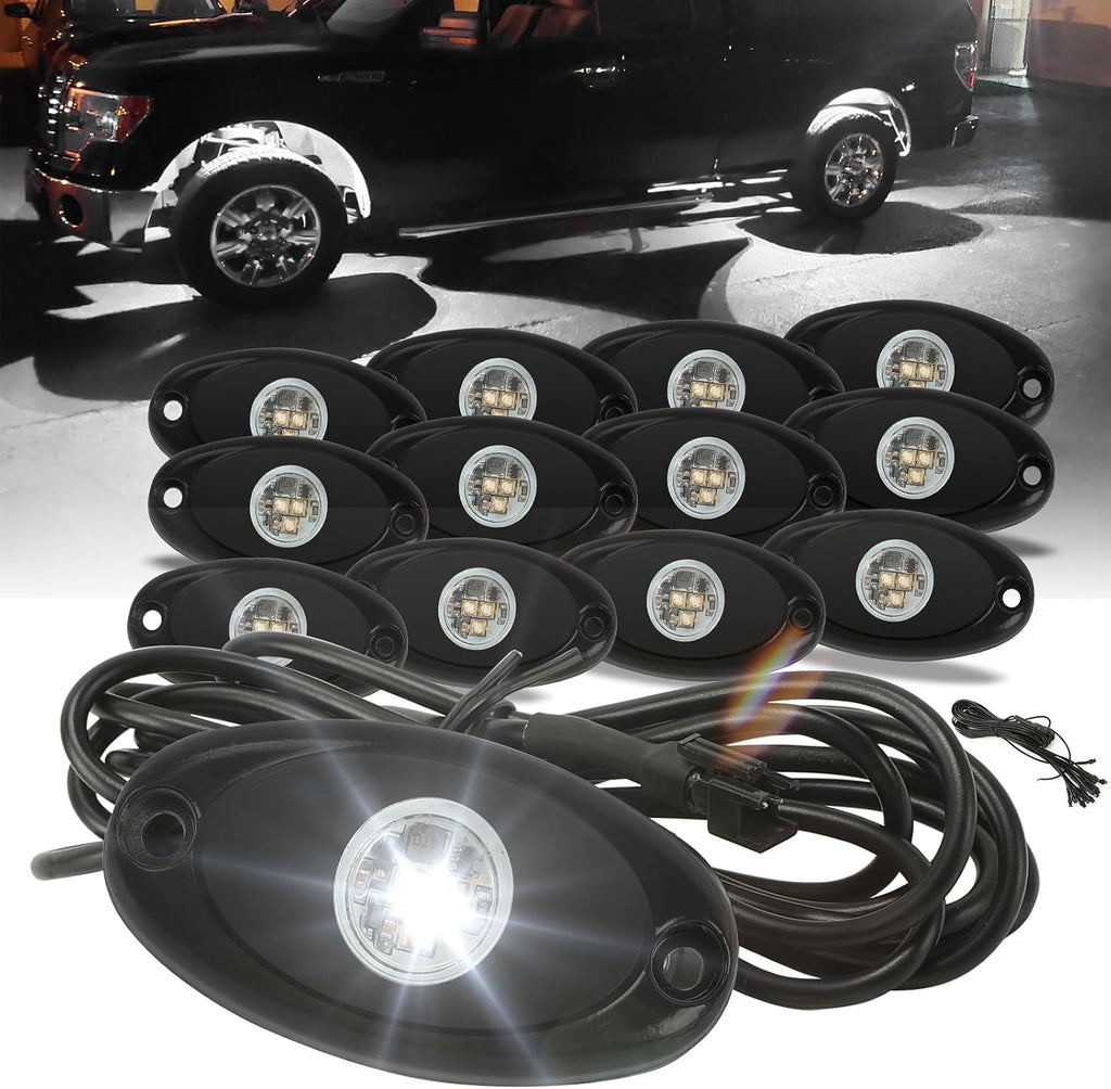 SUNPIE 12 Pods White Rock Lights – Quick Connect, 3 High Power Chips, 4M Extension Wires, Mounting Pads Included, 6000K Pure White, IP67 Waterproof, Fits Trucks, SUV, ATV, UTV, Trailer