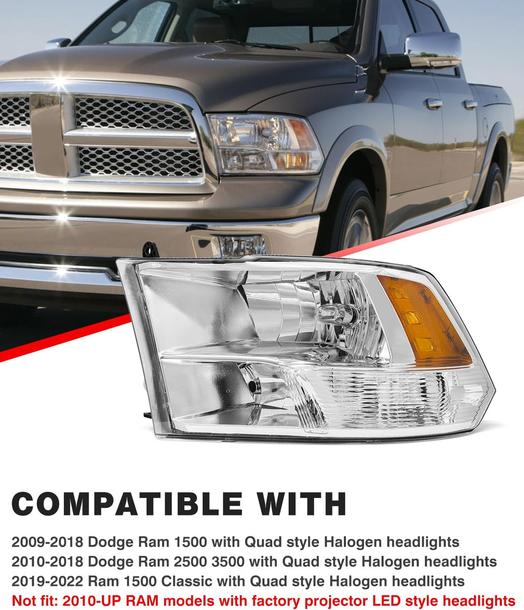 for 2010 2011 2012 2013 2014 2015 2016 2017 2018 Dodge Ram Headlight Assembly compatible with 10-18 Ram 1500/10-18 Ram 2500 3500 Chrome Housing Amber Reflector Headlamp Replacement