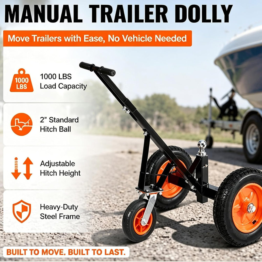 1000LBS Heavy Duty Manual Trailer Dolly,14" Pneumatic Tires | Adjustable Height Trailer Mover with 2" Hitch Ball,Portable Trailer Handling tug for Boat Camper RV & Utility Trailer