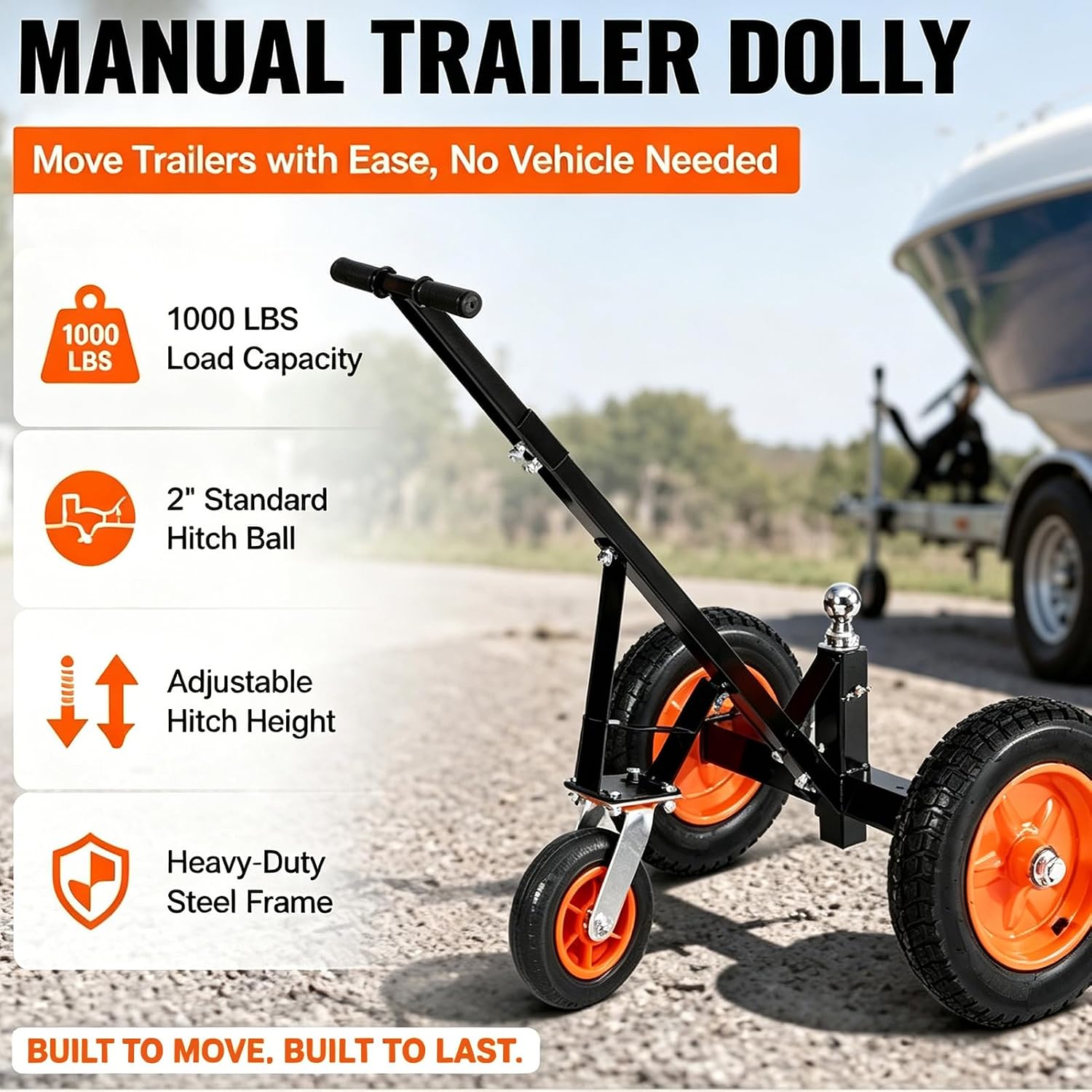 1000LBS Heavy Duty Manual Trailer Dolly,14" Pneumatic Tires | Adjustable Height Trailer Mover with 2" Hitch Ball,Portable Trailer Handling tug for Boat Camper RV & Utility Trailer