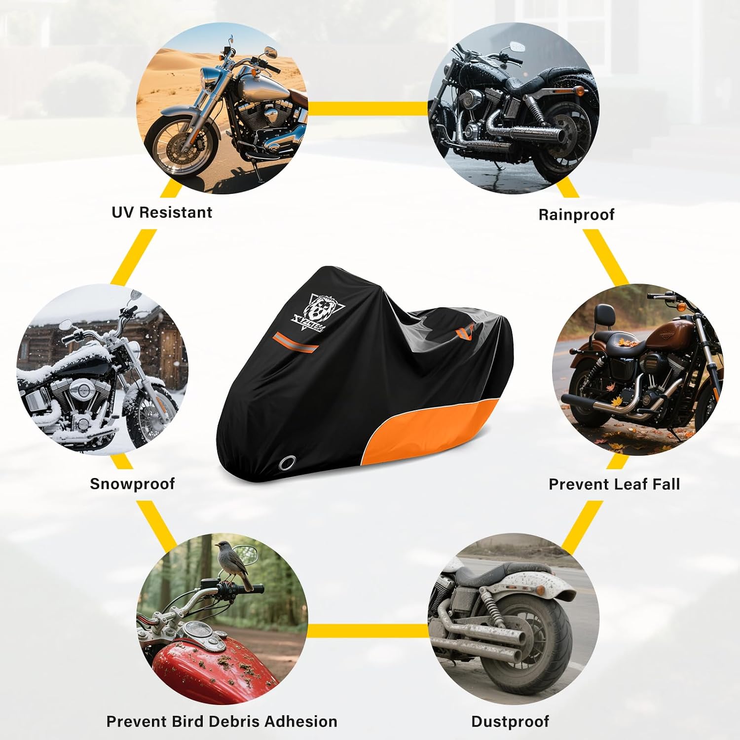 XYZCTEM Motorcycle Cover All Season Waterproof Outdoor Protection, Fit up to 116 Inch Tour Bikes, Choppers and Cruisers – Protect Against Dust, Debris, Rain and Weather (Black and Orange)