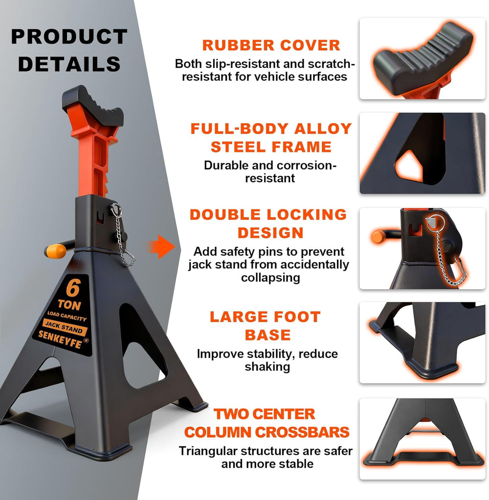 6 Ton (13,200 LBs) Jack Stands with Crossbars,Double Pin Locking,Rubber Cover...