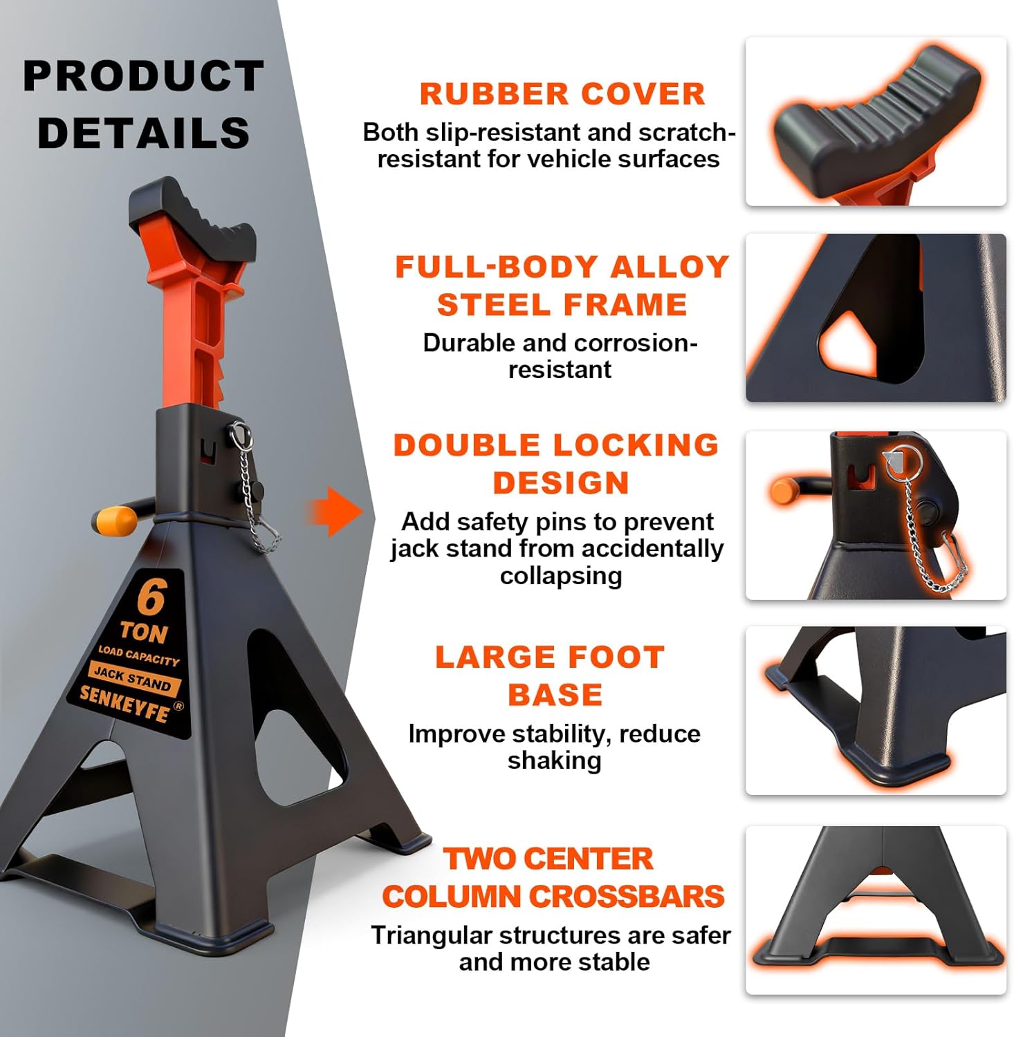 6 Ton (13,200 LBs) Jack Stands with Crossbars,Double Pin Locking,Rubber Cover,Large Foot Base,15"-22" Adjustable Height,Heavy Duty Car Jack Stands,Lifting Bus,RV,SUV,MPV,Pickup Truck,2 Pack