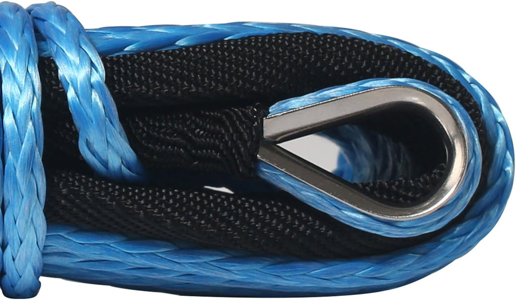 Strong Durable 1/4" x50' 6400Lbs UHMWPE Basic Car Winch Rope with Thimble Sheath and Hook-Blue Color