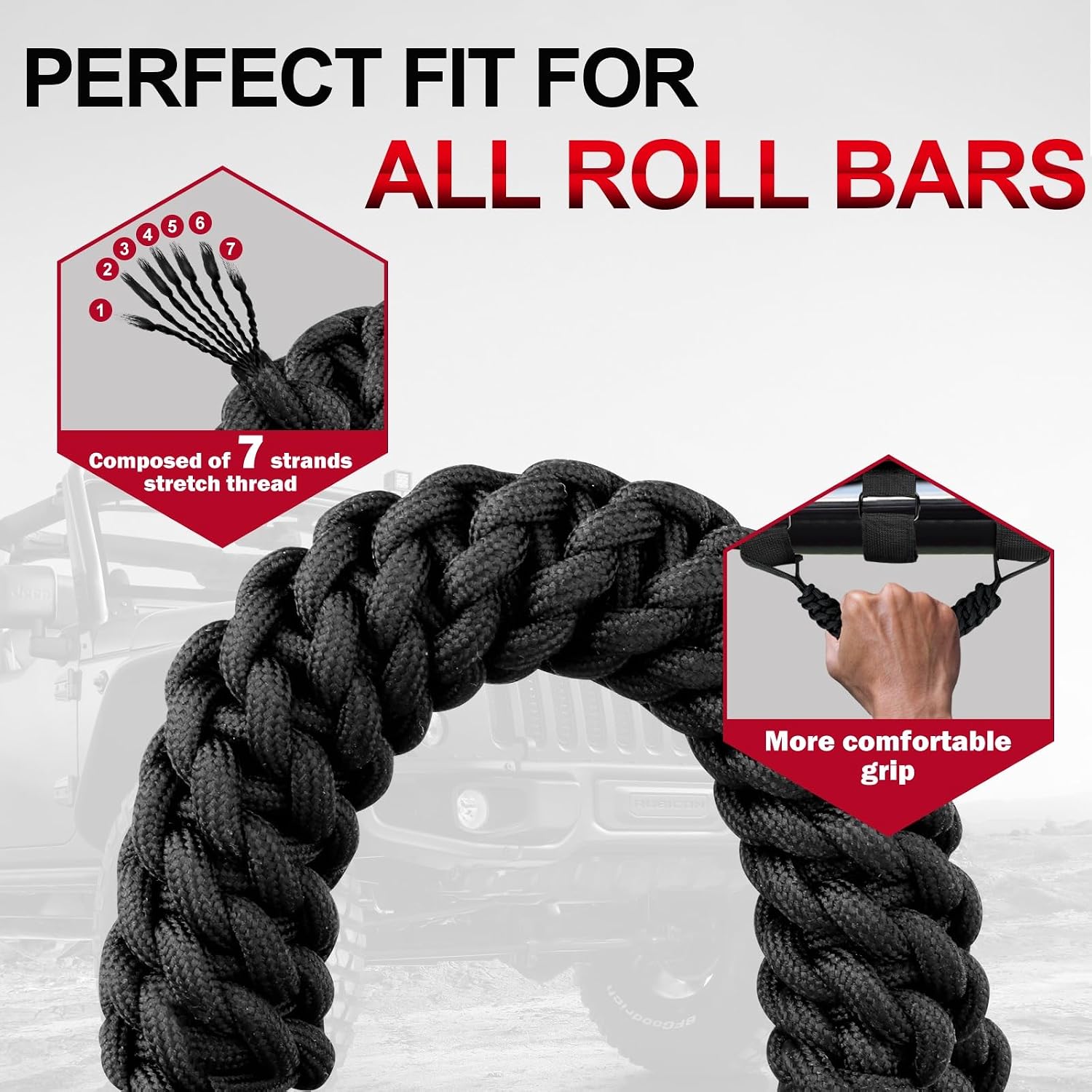 moveland Upgrade Roll Bar Grab Handles - Paracord Grab Handles for 1955-2023 Jeep Wrangler JL, JK, TJ, YJ & Jeep Gladiator Accessories - Premium Grade Nylon Materials, Strong(Black)
