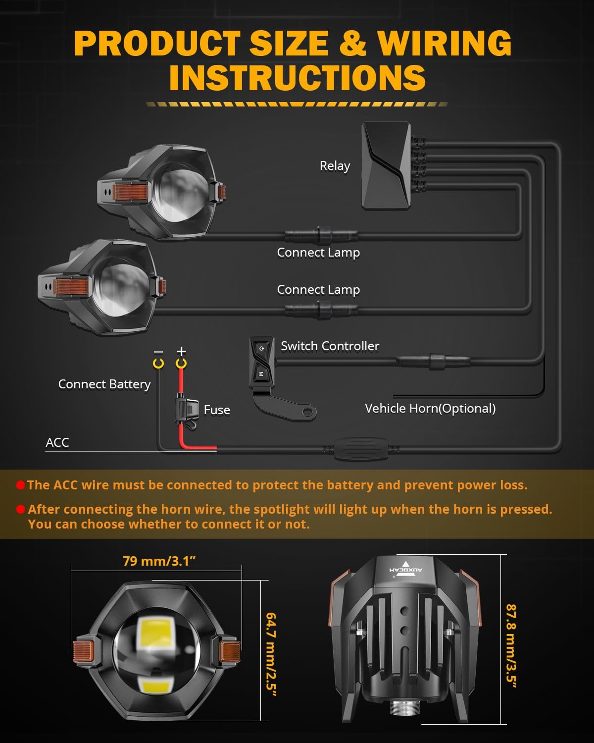auxbeam mt8 series motorcycle fog lights auxiliary lights, package contents