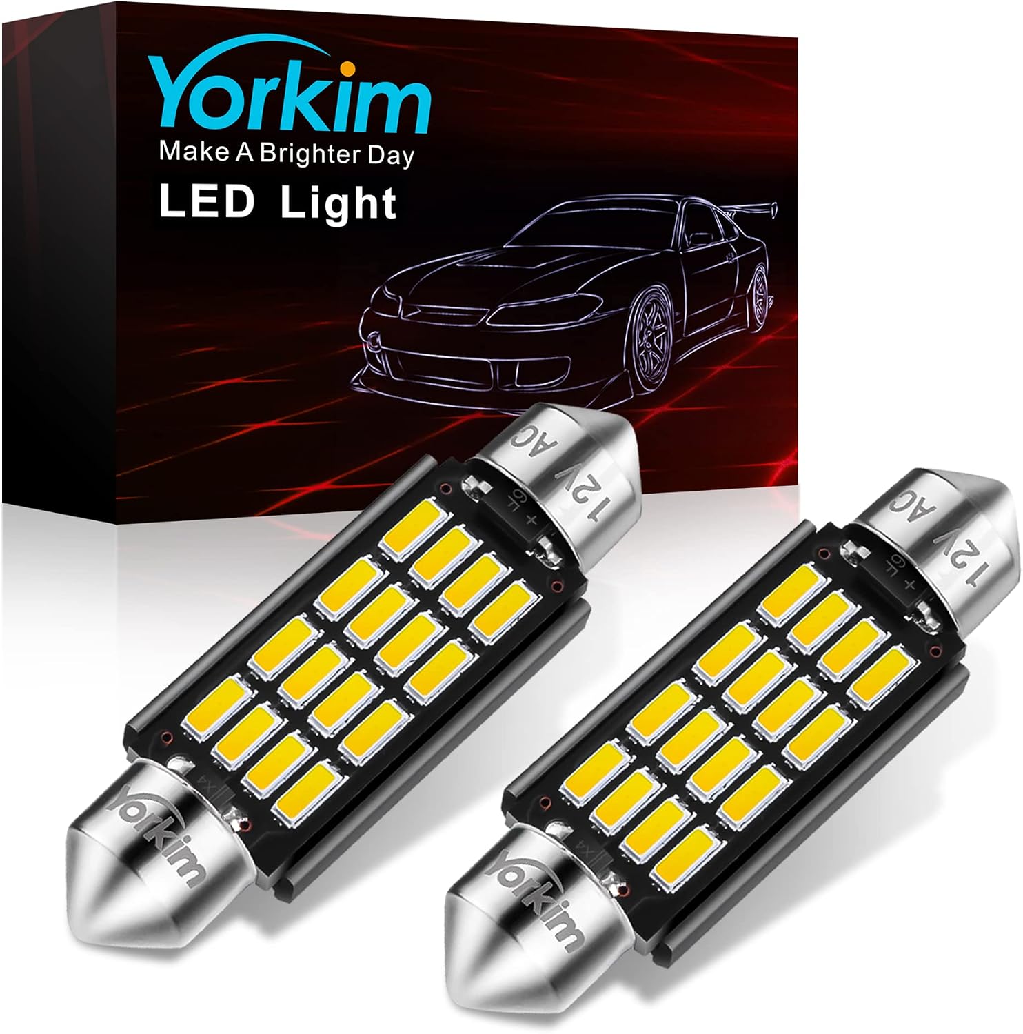 Yorkim 578 Festoon LED Bulb 41mm 42mm LED White Super Bright Canbus Error Free 16-SMD 4014 Chipset, 212-2 Dome Light, Interior Light MAP Light 211-2 Bulb, Pack of 2