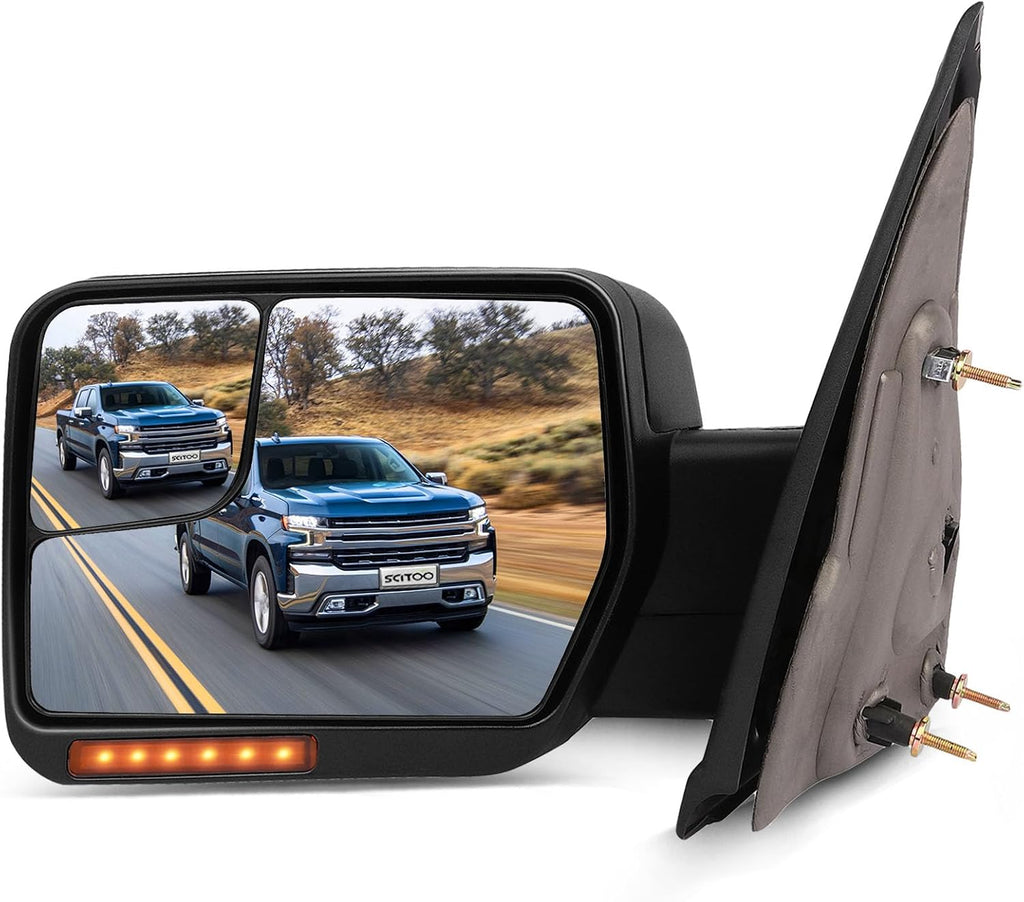 SCITOO fit for Ford for F150 Towing Mirror Reflector with Puddle Lights Black Rear View Mirror fit 2004-2014 for Ford for F150 with Turn Signal Power Control Heated Manual Folding(Driver Side)
