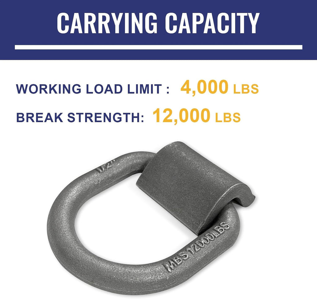 Grandroad auto 20 Pack Weld-On Forged D Ring, Heavy Duty 1/2" D-Ring Trailer Tie Down Anchor with MBS:12,000 lbs for Trailer, Truck Cargo, RV, ATV Tiedowns, Farm Applications and More.