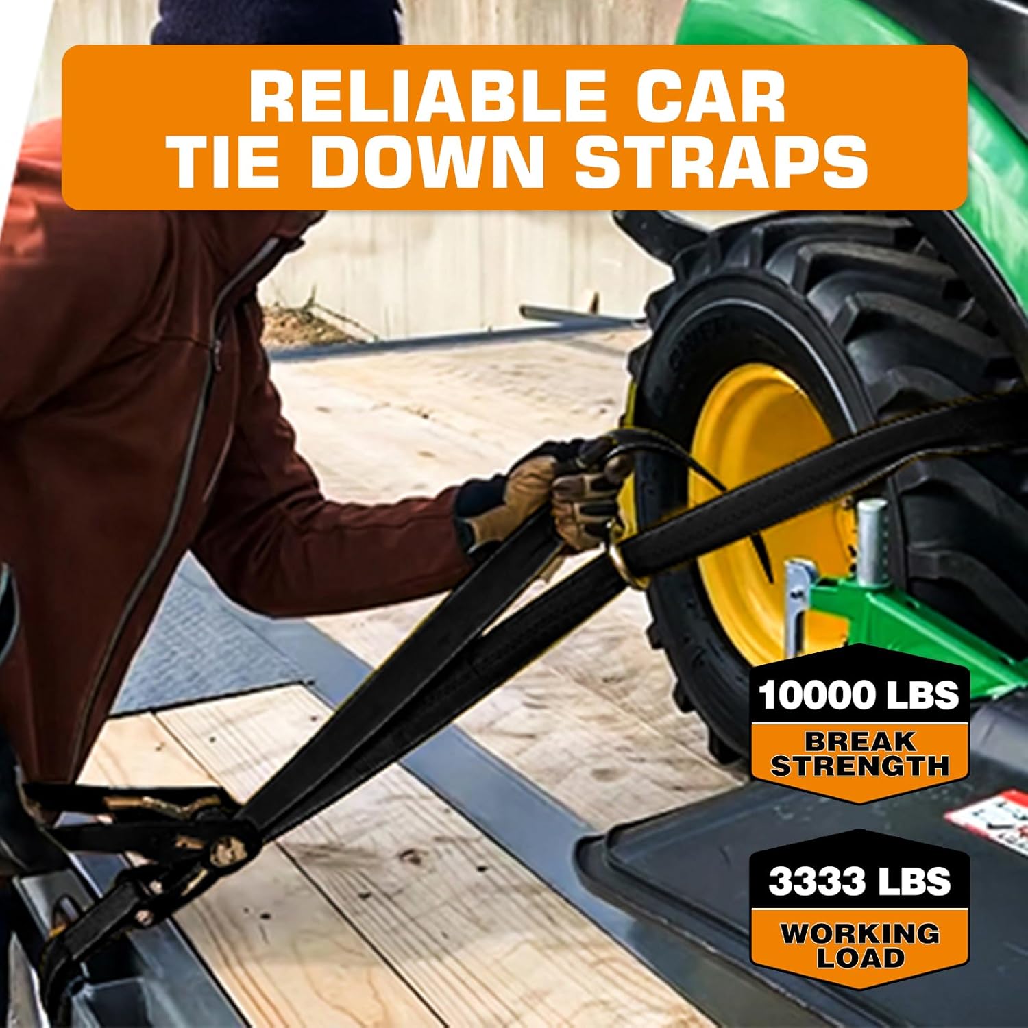 Car Tie Down Straps for Trailers （4 Pack）– Heavy Duty 2" x 120" Trailer Tire Straps with 3333 lbs Safe Working Load, Over The Wheel Strap for Car Hauler, Truck, UTV, and Utility Trailers