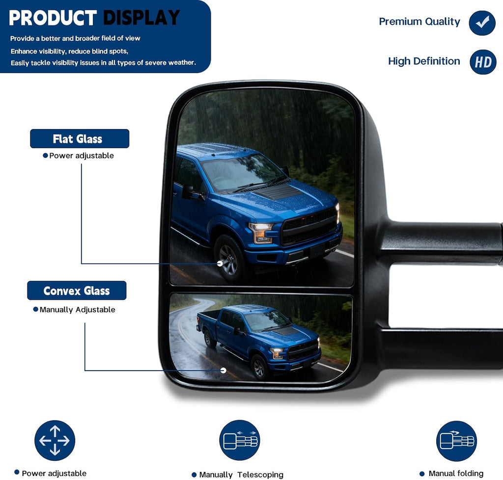 AERDM New Pair Towing Mirrors Set Telescoping Tow Mirrors fit for 1988-1998 Chevy GMC C1500 C2500 C3500 K1500 K2500 K3500 Pickup Side Mirrors Power Adjustable Glass Set Pair