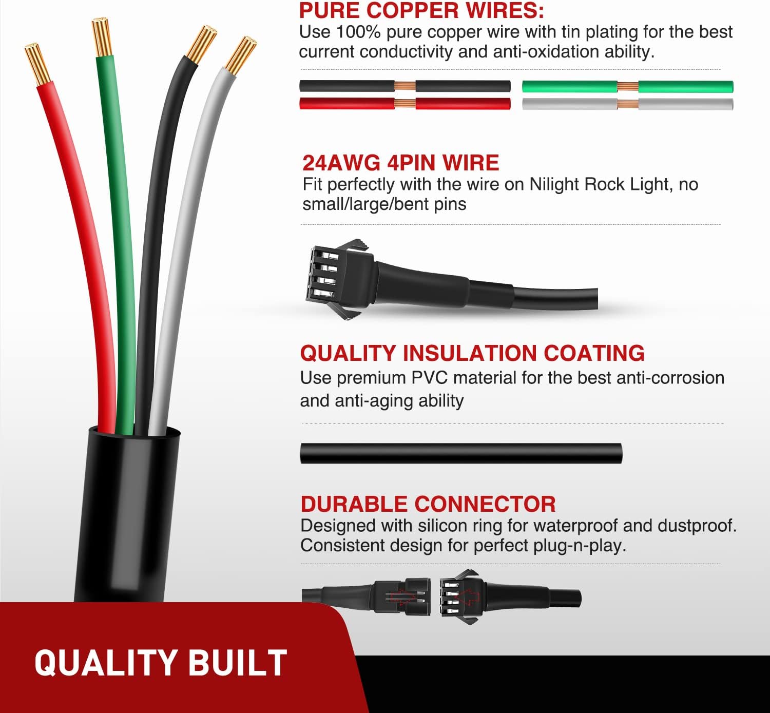 Nilight Extension Cable for Motorcycle LED Strip Lights 4PCS 2 Feet Extension Cords 3PCS 2 Way Y Splitter 4PIN Extension Cord for Underglow Neon Accent Light Strips Rock Lights