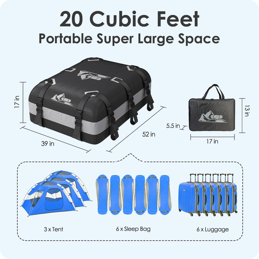 Car Rooftop Cargo Carrier Bag 20 Cubic Feet, 100% Waterproof Heavy Duty Car Roof Bag for All Vehicle with/Without Racks - Anti-Slip Mat, 6 Door Hooks, Storage Bags, 5CM Straps(Gray)
