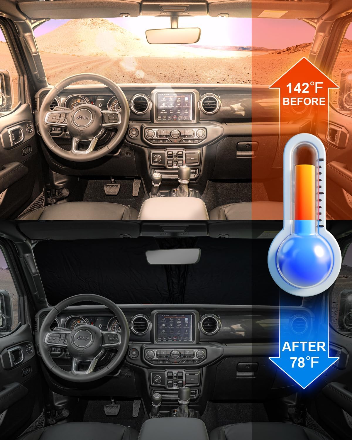 2026 Upgrade Front Windshield Sun Shade Foldable Jeep Wrangler Sun Shade/Jeep Gladiator Sun Shade fit for Jeep Wrangler JL JLU 2018-2026 / Jeep Gladiator 2020-2026 |Keep Car Interior Cooler|