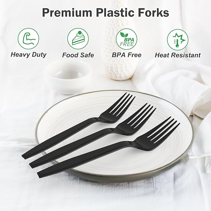 360 Count Extra Heavy Duty Black Plastic Forks Disposable, Heat Resistant - Image 4