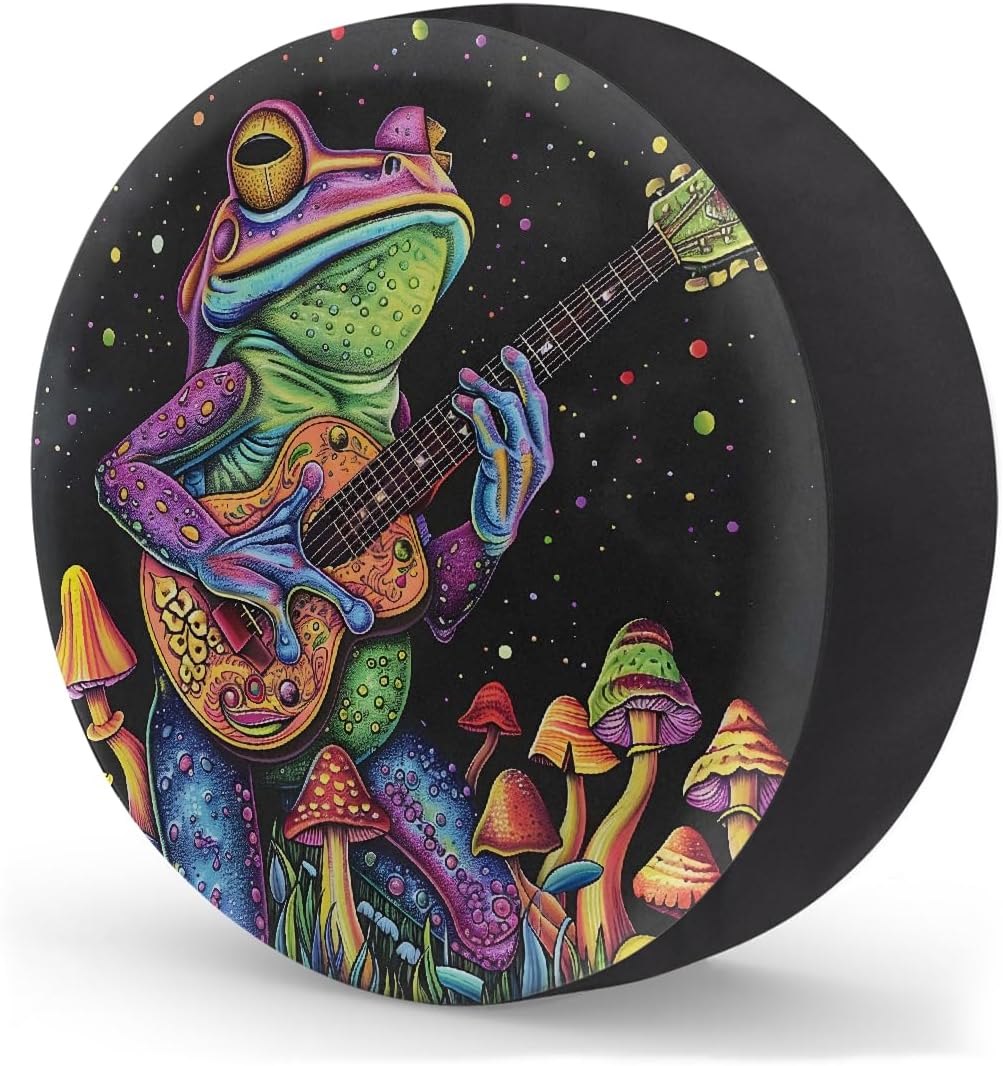 Frog Mushroom Guitar RV Camping Spare Tire Covers Weatherproof Dustproof Tire Covers, for Travel Trailer Camper Jeep RV SUV Truck,Wheel Protectors Cover Fit 14 Inch