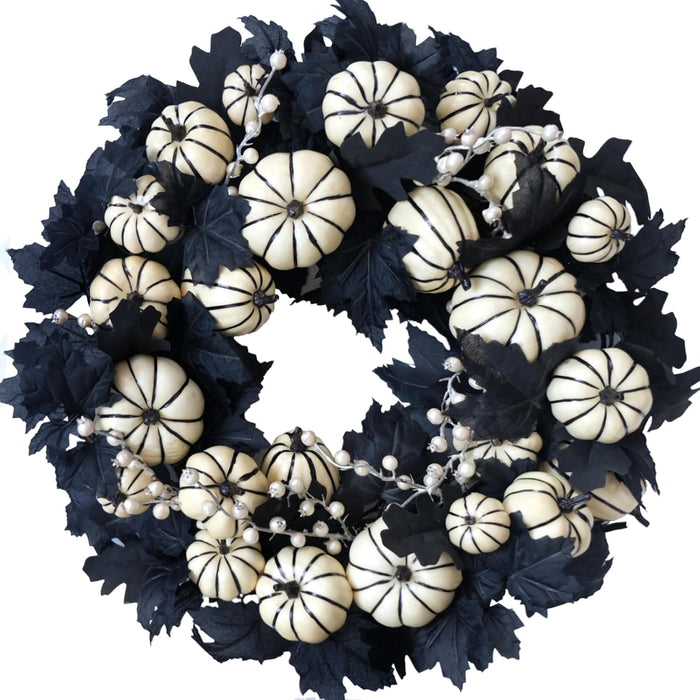 22inch Halloween Wreath Black Maple Leaf Wreaths White Pumpkin Wreath Holiday Decoration Party Party Celebration Wreaths Front Door Back Door Hallway Patio Decoration（White）