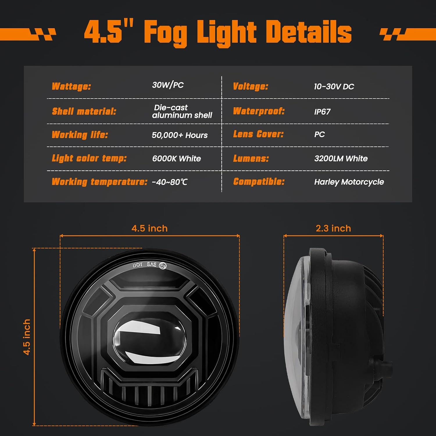 4.5" Motorcycle fog Lights 2PCS, Round LED Fog Lamps for Motorcycle Harley Davidson Accessories Electra Street Glide Heritage Softail Classic Road King