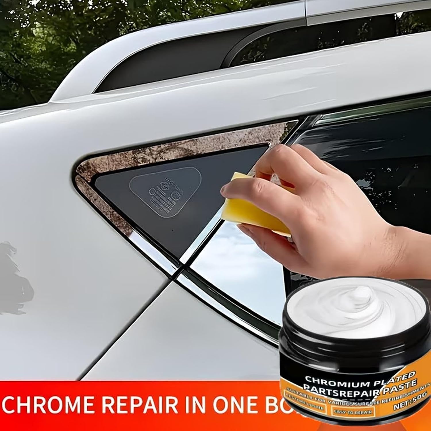 Shiny Chrome Cleaner - 50g Oxidation Removal Paste, Scratch Repair Sponge Applicator, Vehicle Tire Rim Protection, Automotive Detailing Tool, Metal Cleaner for SUV, Truck, Boat, RV