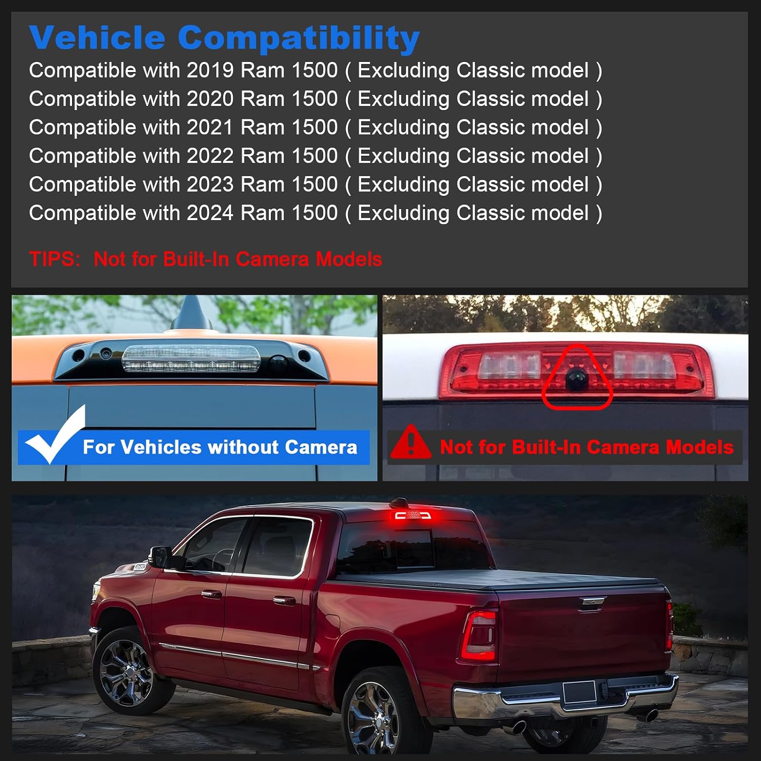 LED Third Brake Light Smoked Compatible with 2019-2026 RAM 1500 Rear High Mount 3rd Brake Lights (NOT for Classic/TRX/Camera model)