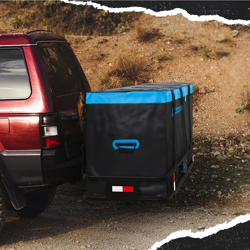Mockins 25 Cu Ft Large Weatherproof Trailer Hitch Cargo Carrier Bag Set | 60"x24"x31" Waterproof Cargo Bag for Hitch Carrier & Truck Bed | Vinyl Vehicle Soft-Shell Carriers w/ Straps, Lock & Case
