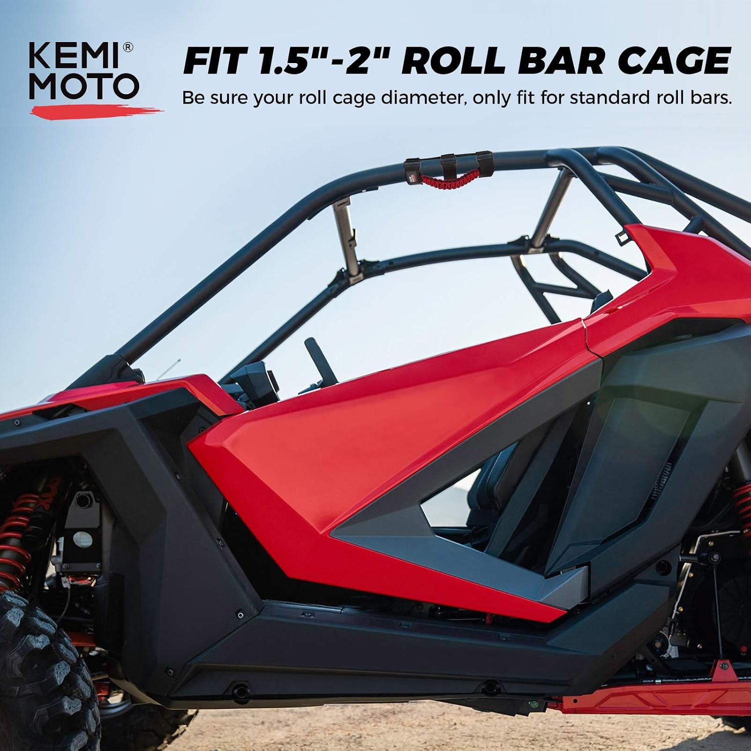KEMIMOTO UTV Grab Handles, Triple Straps Absorb Sweat Breathable Red Paracord Hand Grip for 1.5 to 2'' Roll Bar Compatible with Polaris RZR, Mavericks, UForce, Talon Pioneer, Mule, 2Pack