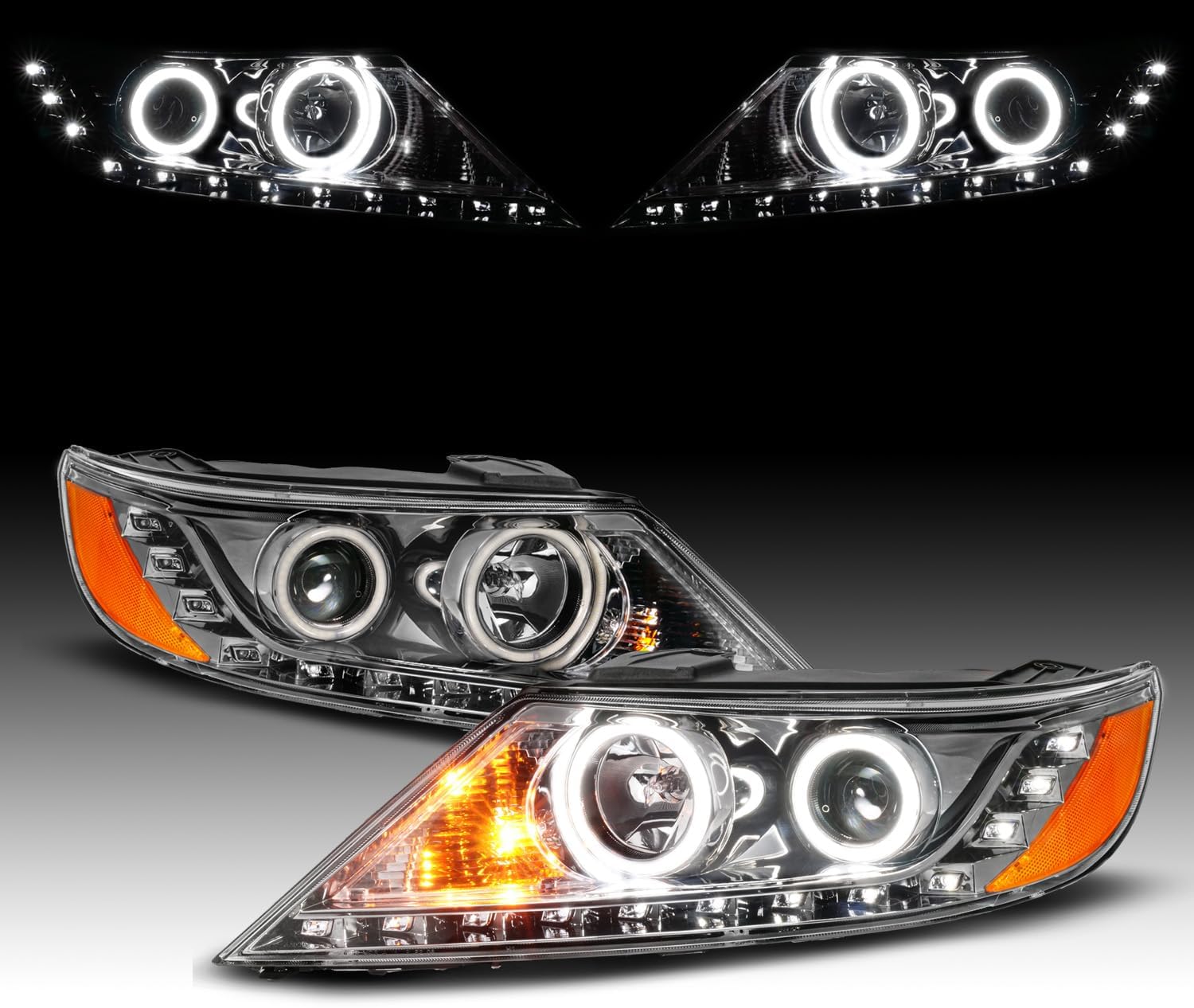 AmeriLite for 2011-2013 Kia Sorento Xtreme LED Halo Rings Gun-Metal Projector Headlights Set - Passenger and Driver Side