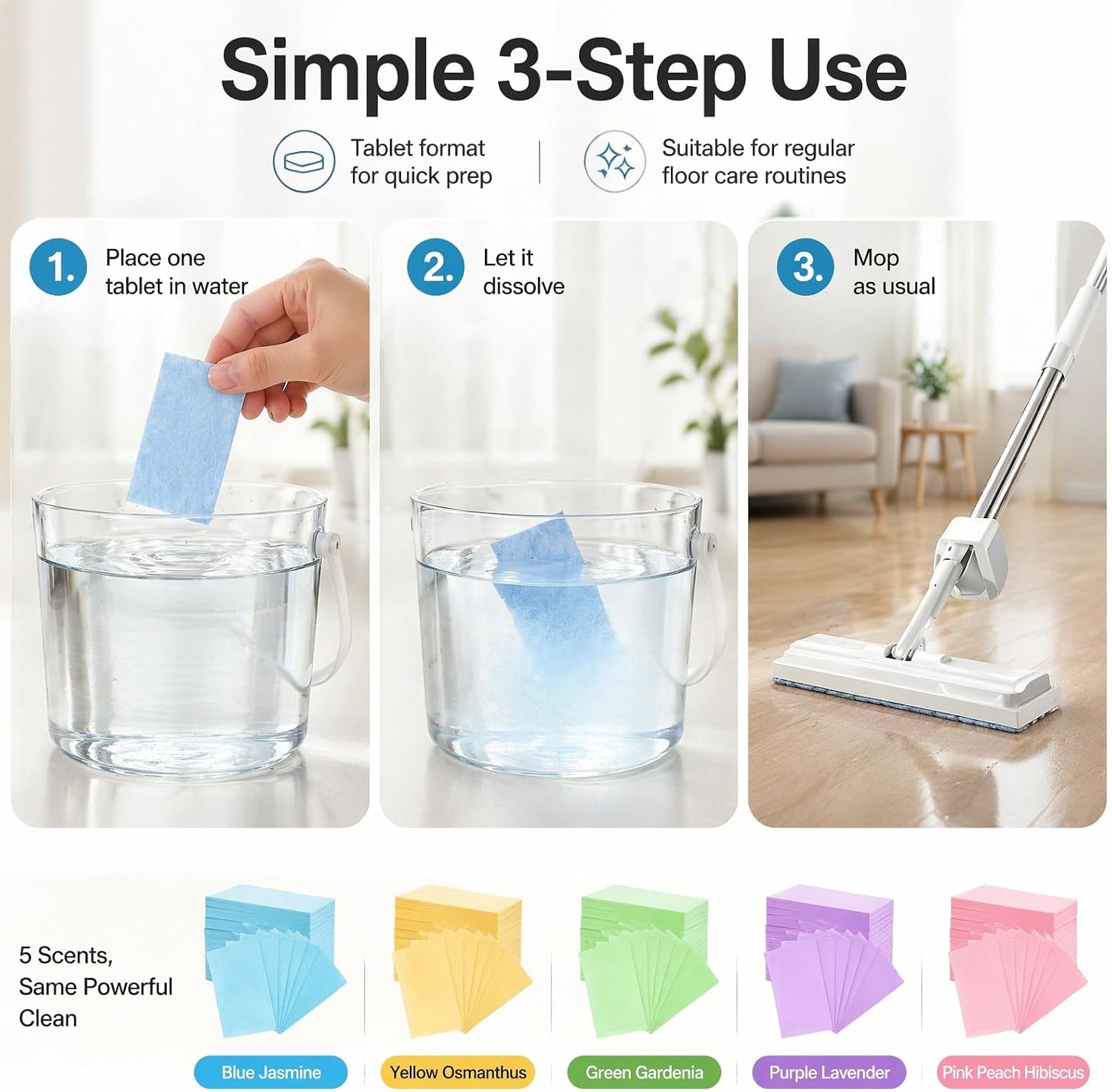 Multi-Surface Floor Cleaner Tablet, Concentrated Mopping Cleaning Tablets for Wood, Luxury Vinyl Plank, Laminate & Tile Flooring, Deep Clean Stain Remover Strips (Peach & Hibiscus Scent,100)